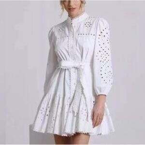 Christian Lacroix White Embroidered Mini Dress Belted Puff Eyelet Sleeve Sz S
